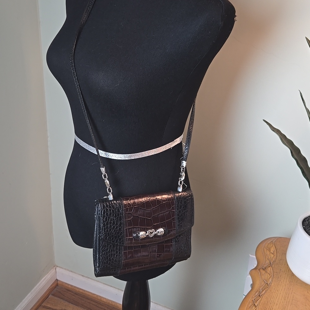 90s BRIGHTON Black / Brown Croc-Embossed Crossbody Bag - Picture 7 of 7